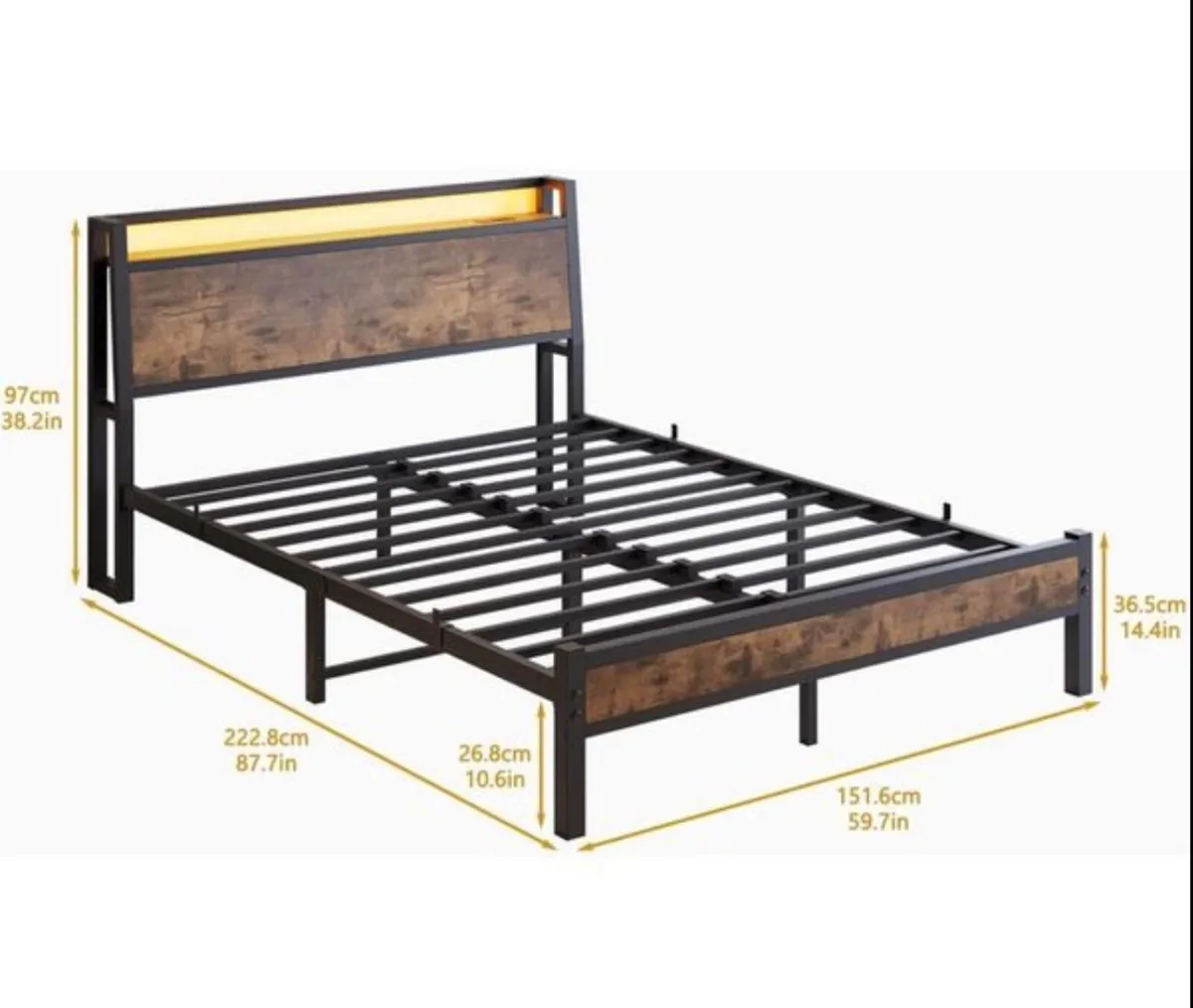 King Size Bed Frame, Black Charging Station, LED L - Image 4