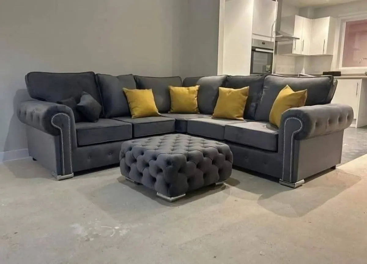 Olympia Grey & Cream Chesterfield Fabric Sofa - Image 1
