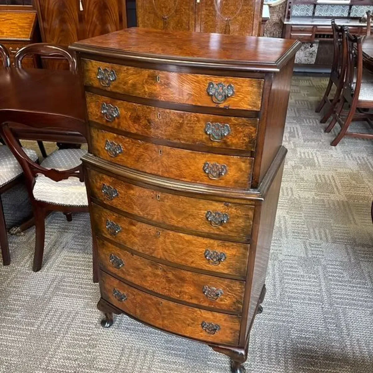 Burr walnut chest on chest with seven graduated dr