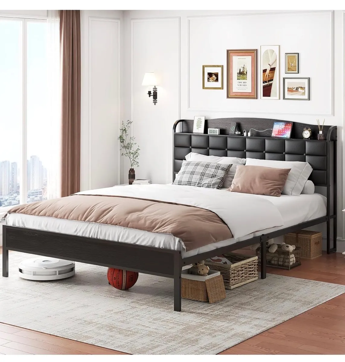 King Size Bed Frame with Charging Headboard Storag - Image 2