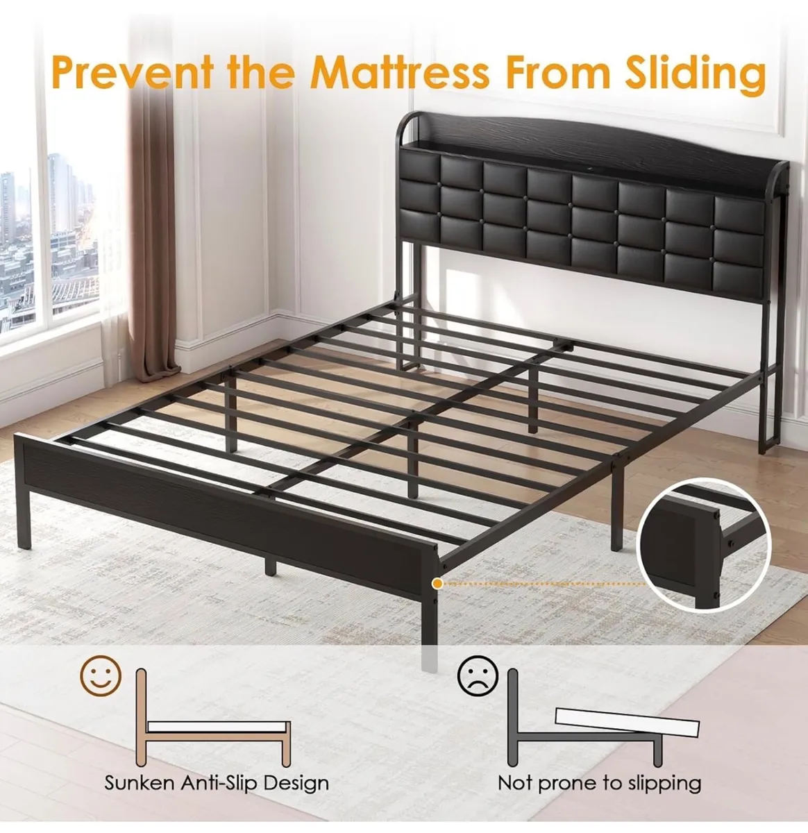 King Size Bed Frame with Charging Headboard Storag - Image 4