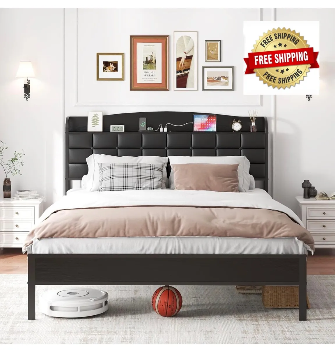King Size Bed Frame with Charging Headboard Storag - Image 1