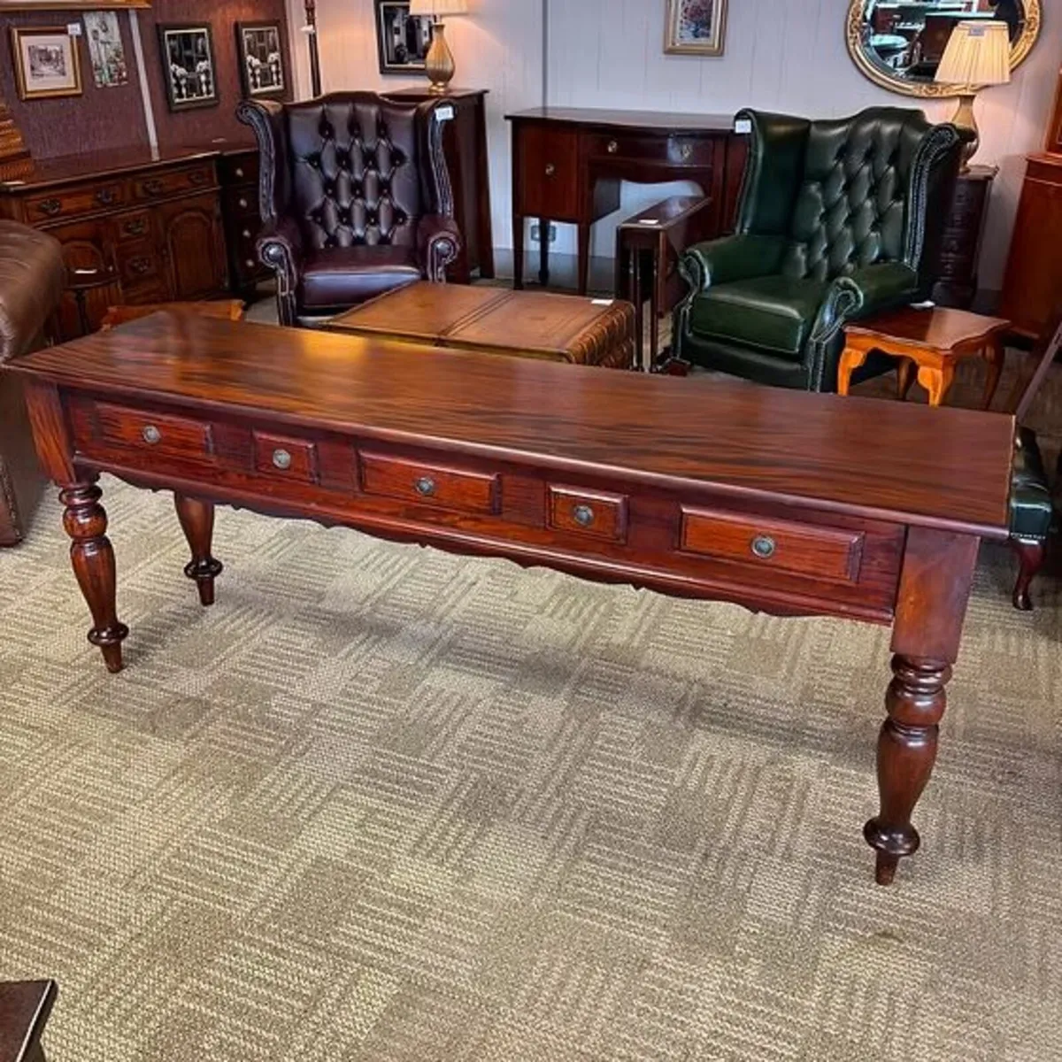 Elegant antique-style, five-drawer mahogany consol