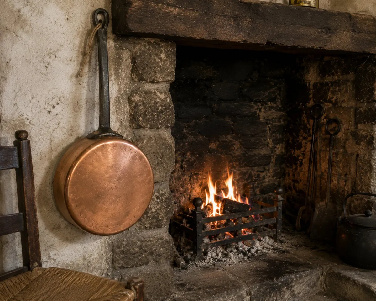 antique copper pan fireplace cottage pub kitchen - Image 1