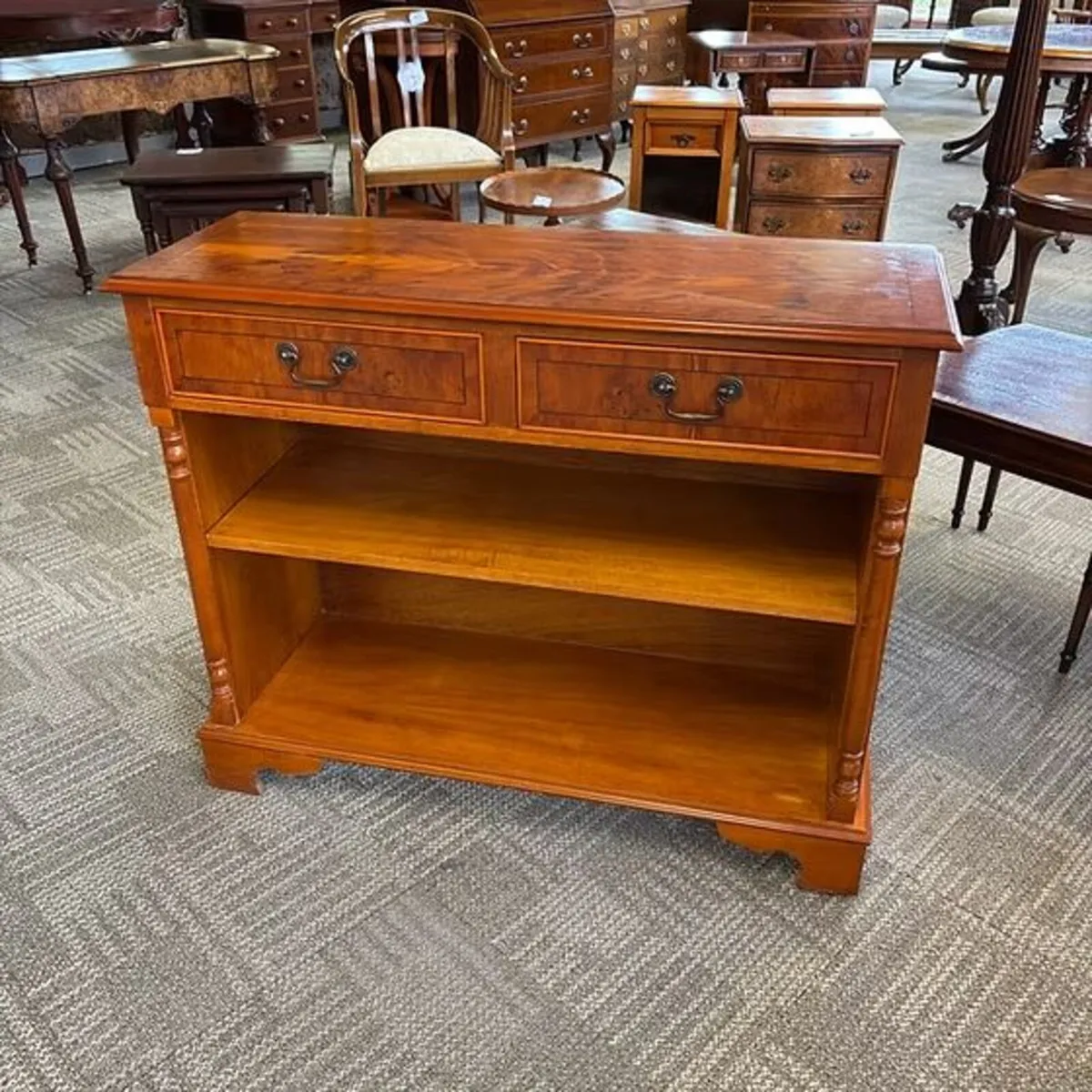Beautiful yew open bookcase with two drawers