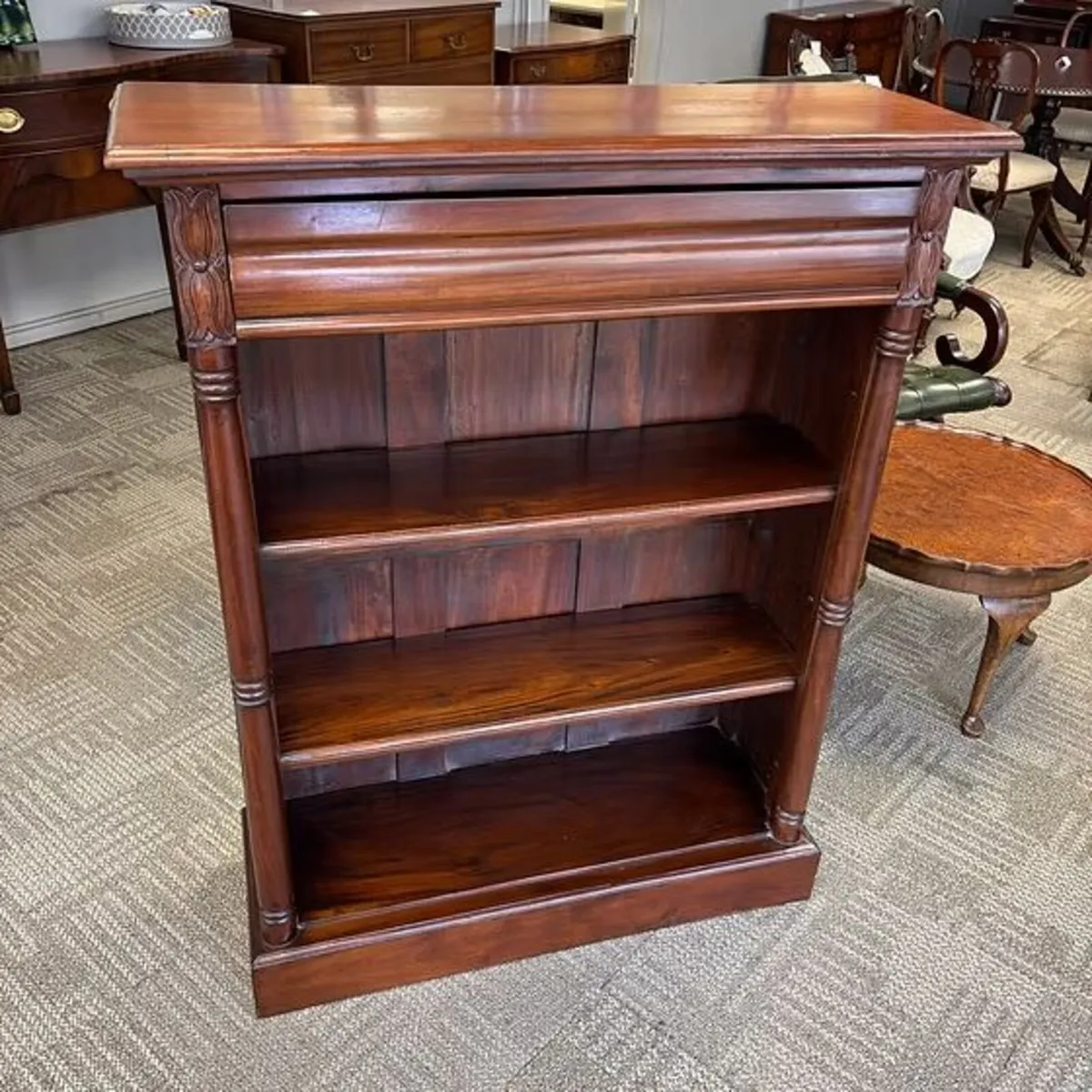 Beautiful mahogany open bookcase with slim drawer