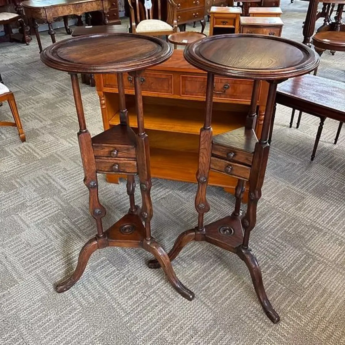 19th century oak pair of tripod stands with two sl
