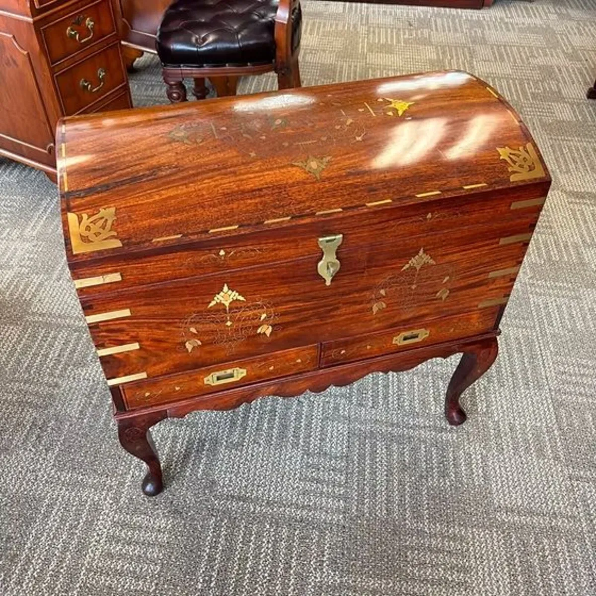 Vintage mahogany inlaid chest, often referred to a