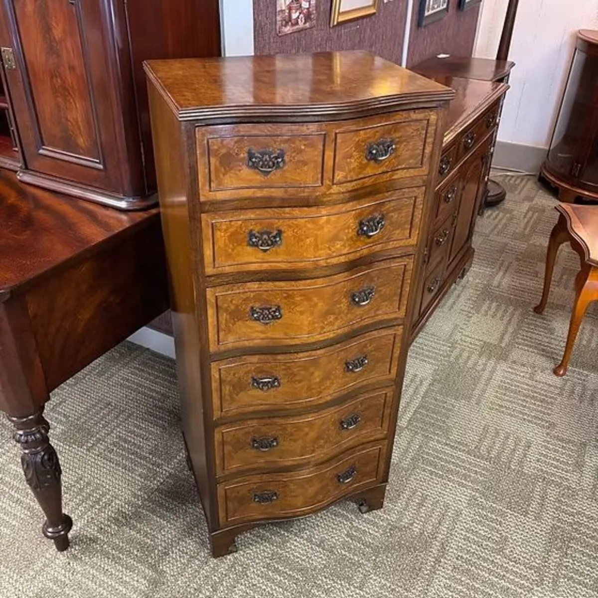 Georgian style burr walnut serpentine front tallbo