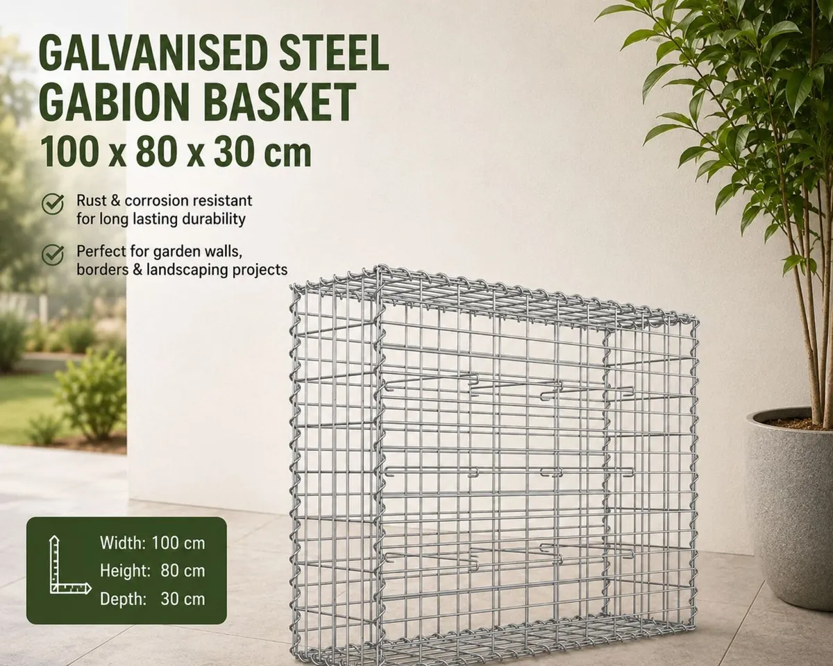 Galvanised Steel Gabion Basket 100 x 80 x 30 cm - Image 1