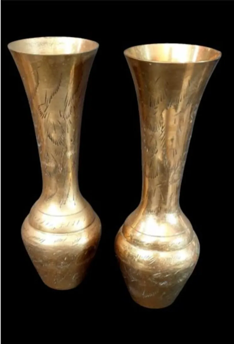 Pristine Pair of Vintage Etched Brass Vases - Image 1