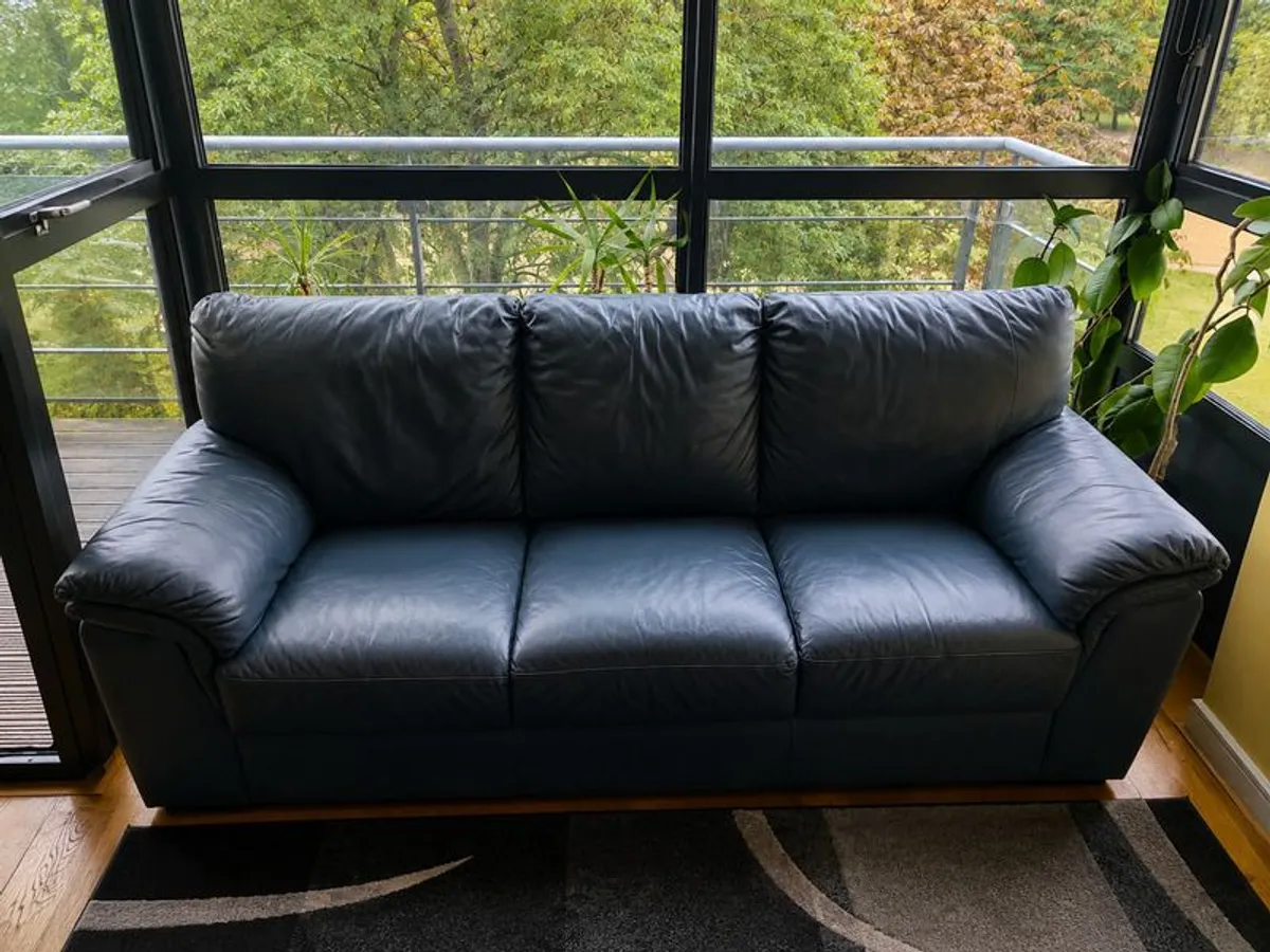 Deep Green Leather 3-Seater Sofa + 2 Matching Armchairs - Image 2