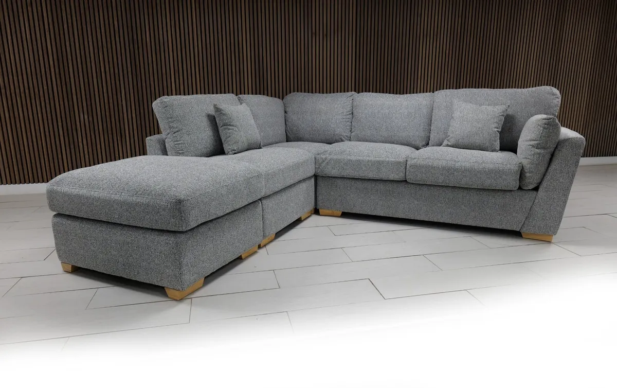 Emme L Shape Beige & Grey Fabric Sofa - Image 1