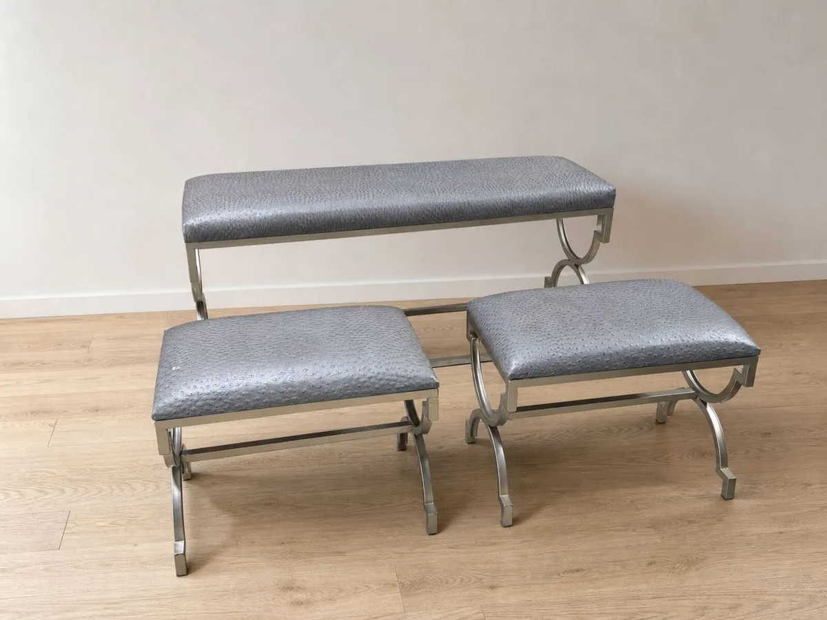 Grey Upholstered Bench & 2 Matching Stools