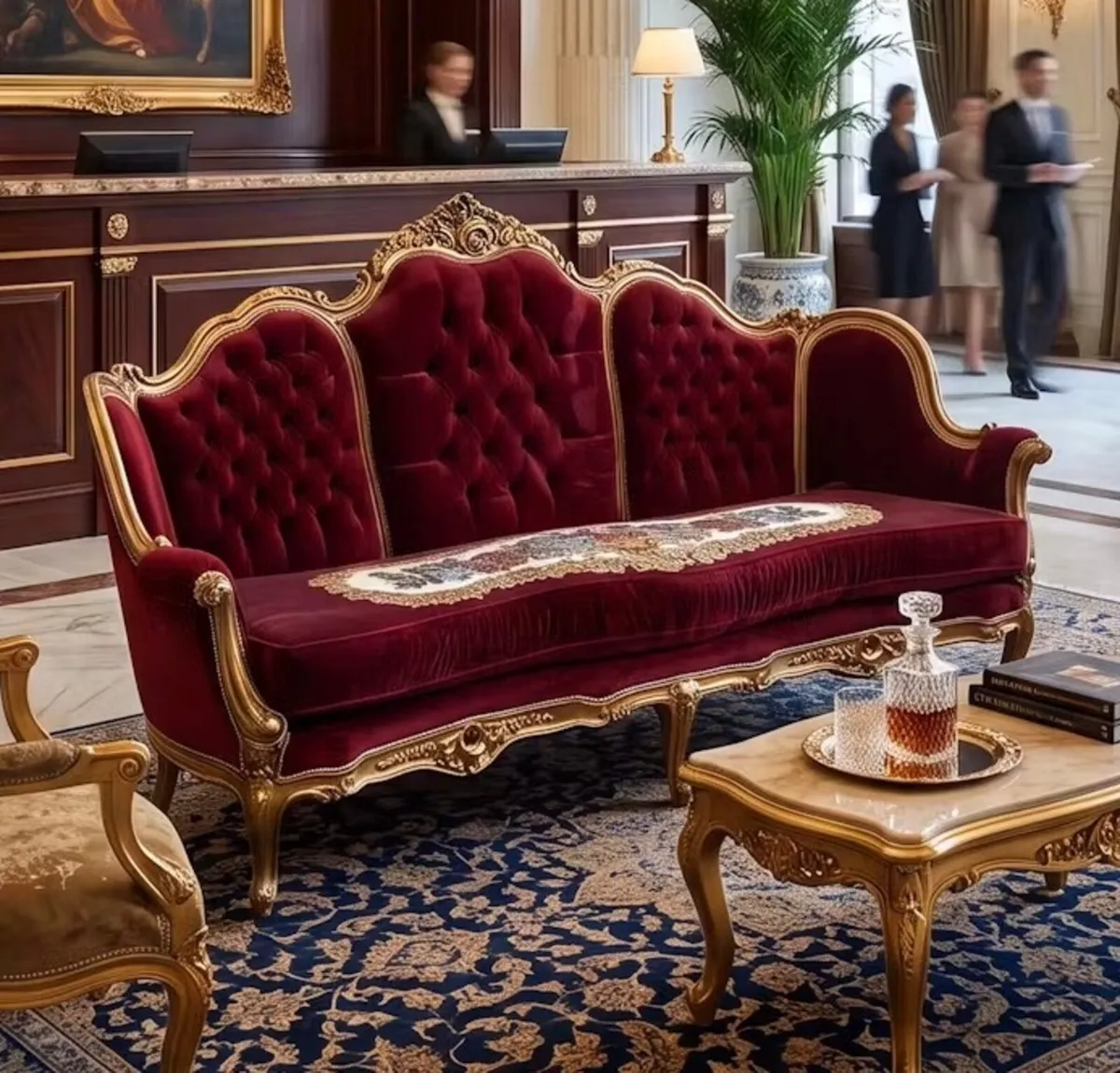 Large red with gold 3 seater nice and in good cond - Image 1