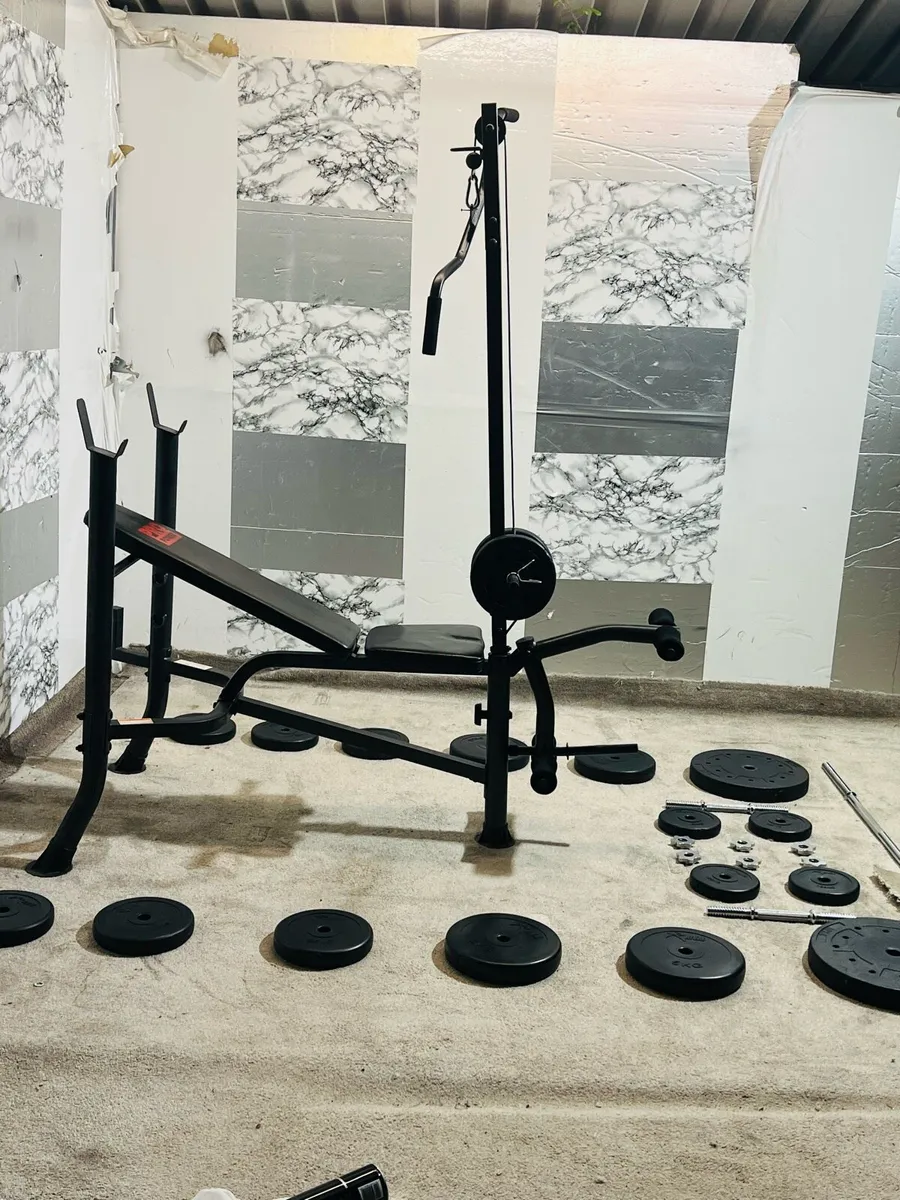 BENCH WITH PULLY TOWER WEIGHTS DUMBBELLS BARBELL - Image 1