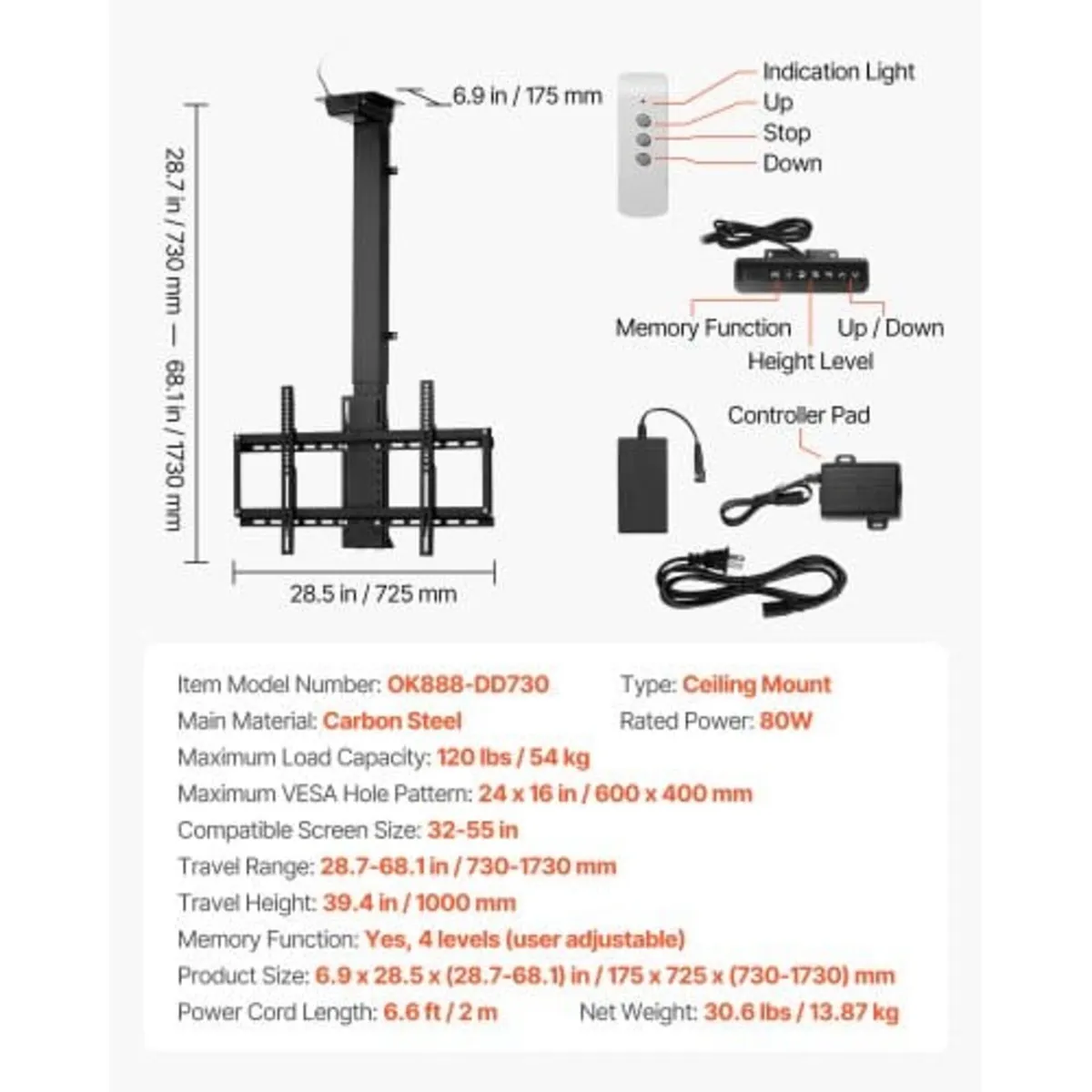 Motorized Ceiling TV Mount, TV Wall Mount for 32 t - Image 3