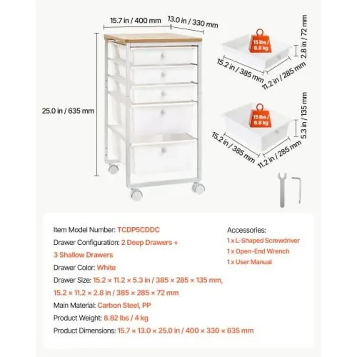 Rolling Cart with Drawers, 5 Drawer Storage Organi - Image 4