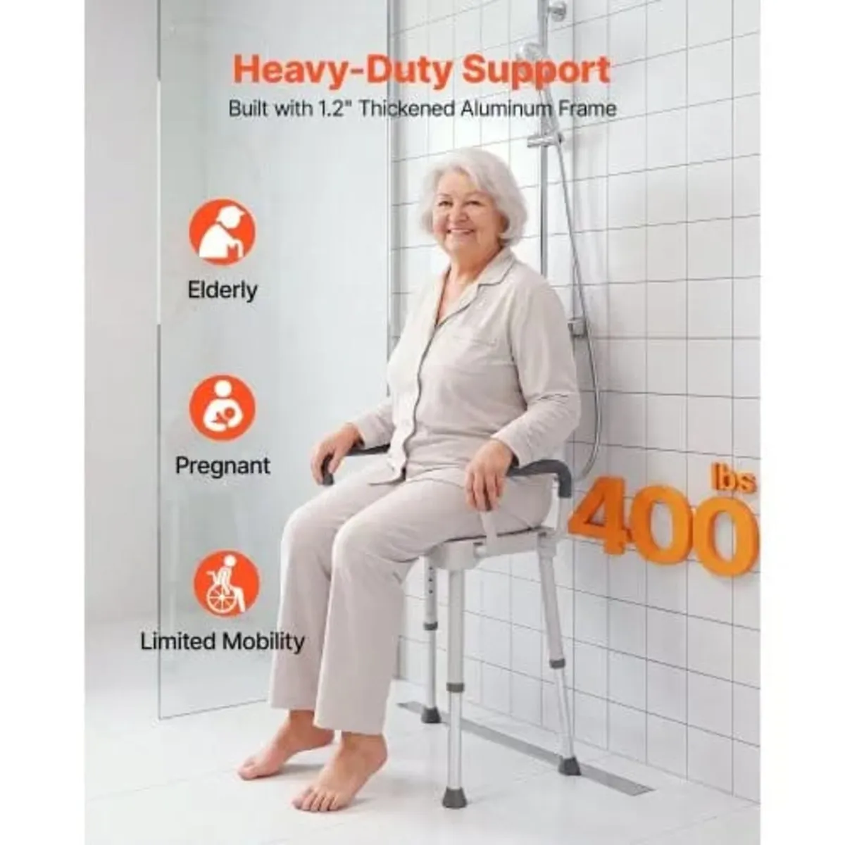 Shower Chair with Armrest, 6-Level Height Adjustab - Image 2