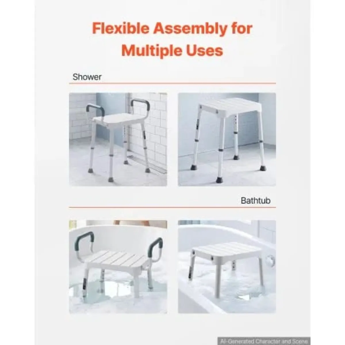 Shower Chair with Armrest, 6-Level Height Adjustab - Image 3