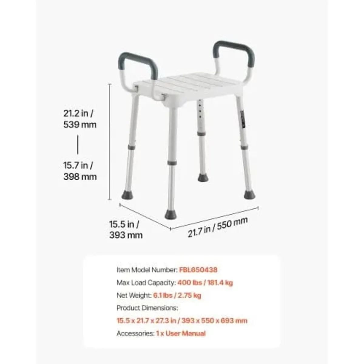 Shower Chair with Armrest, 6-Level Height Adjustab - Image 4