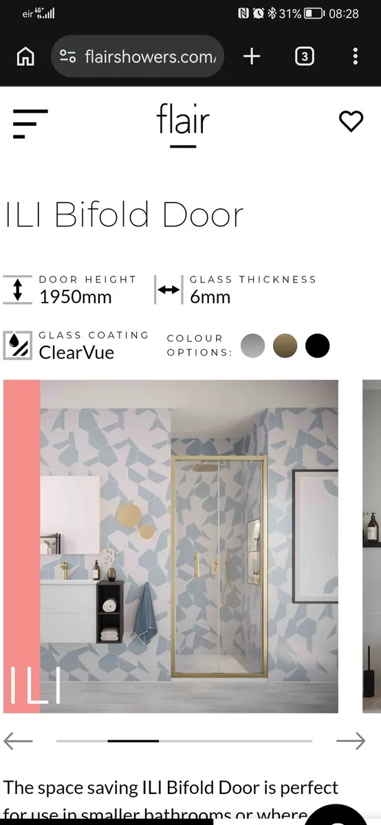 Flair ili 900 Bifold Shower Door Brushed Brass - Image 1