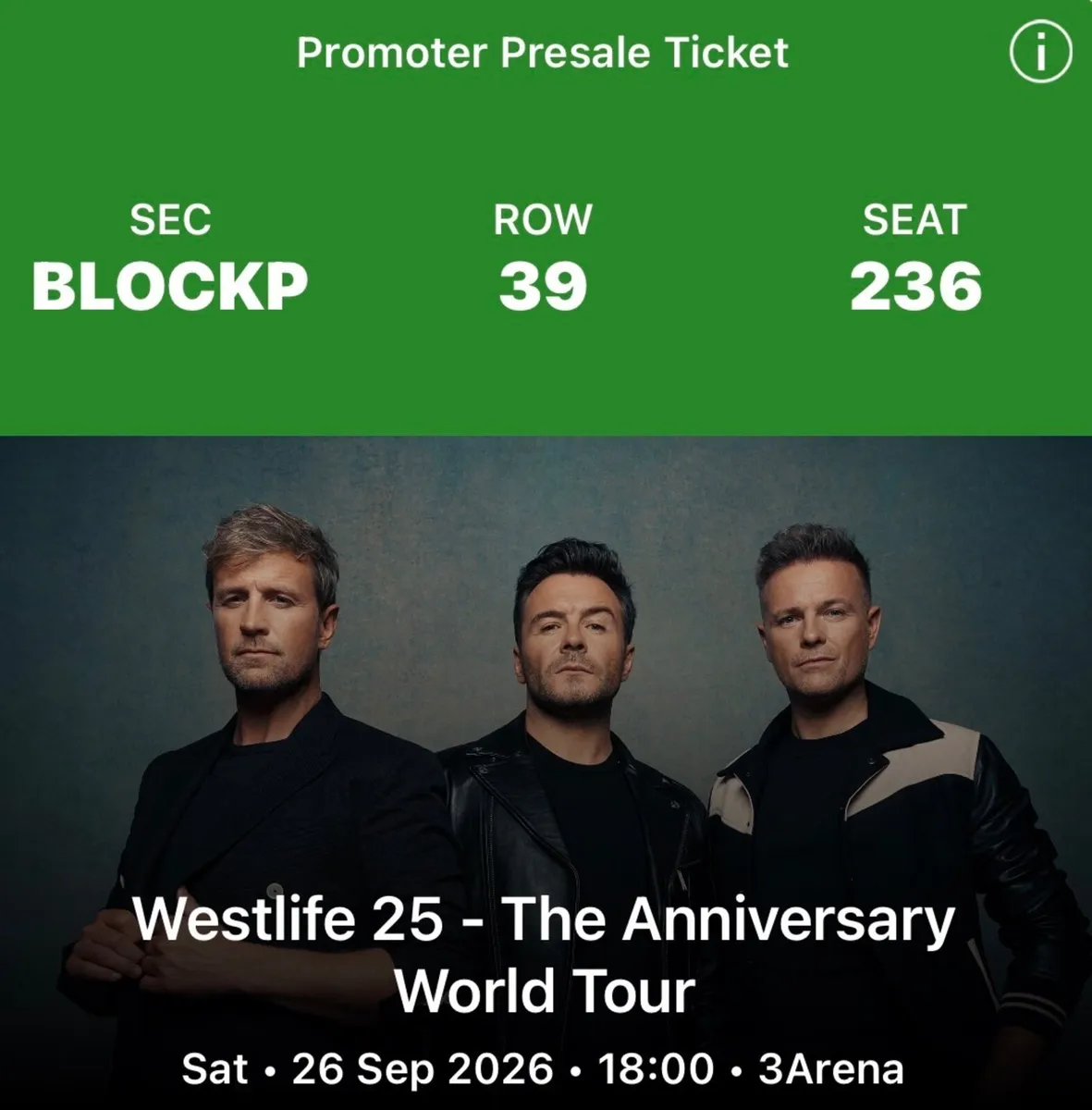 €100 : 3 x Westlife Seated Tickets - Sat 26th Sept - Image 3