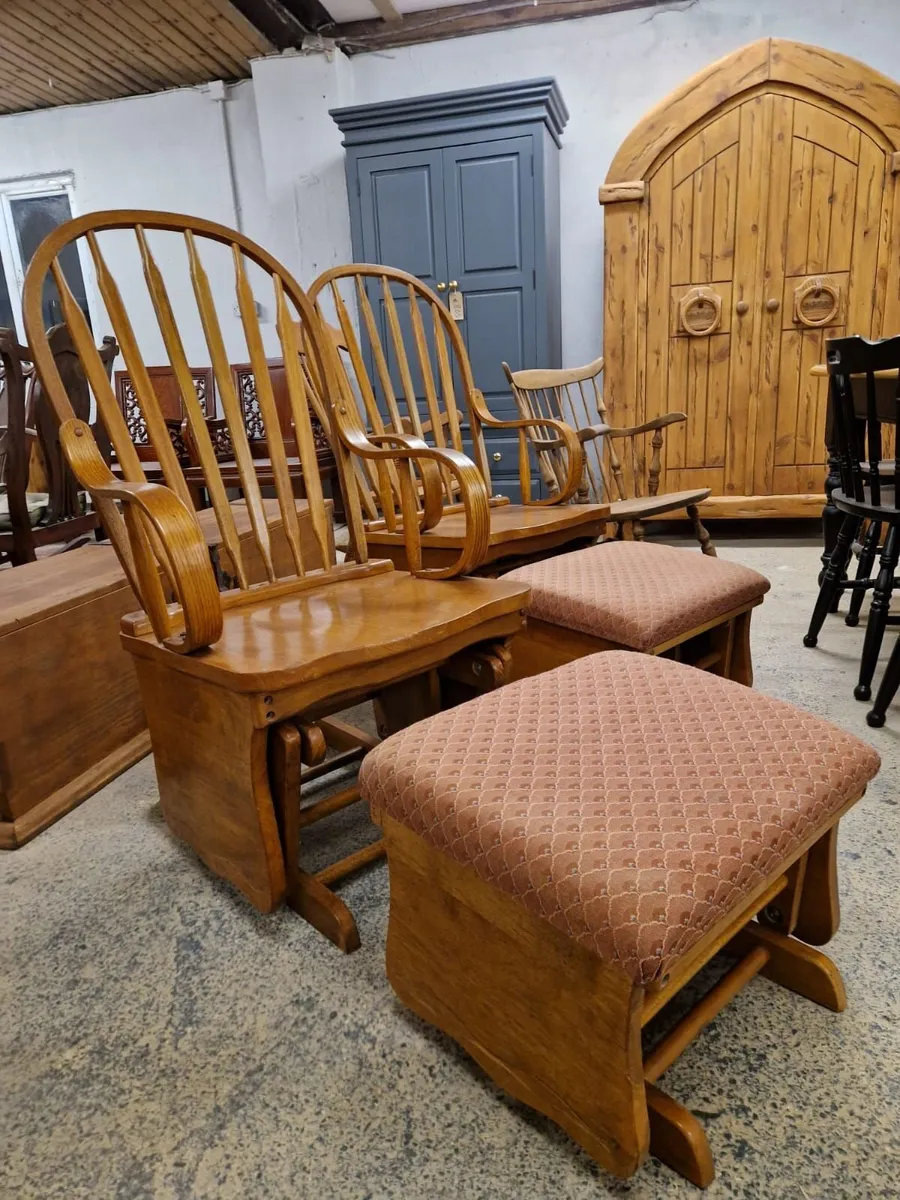 Pair vintage oak gliders, rocking chairs, stools - Image 1