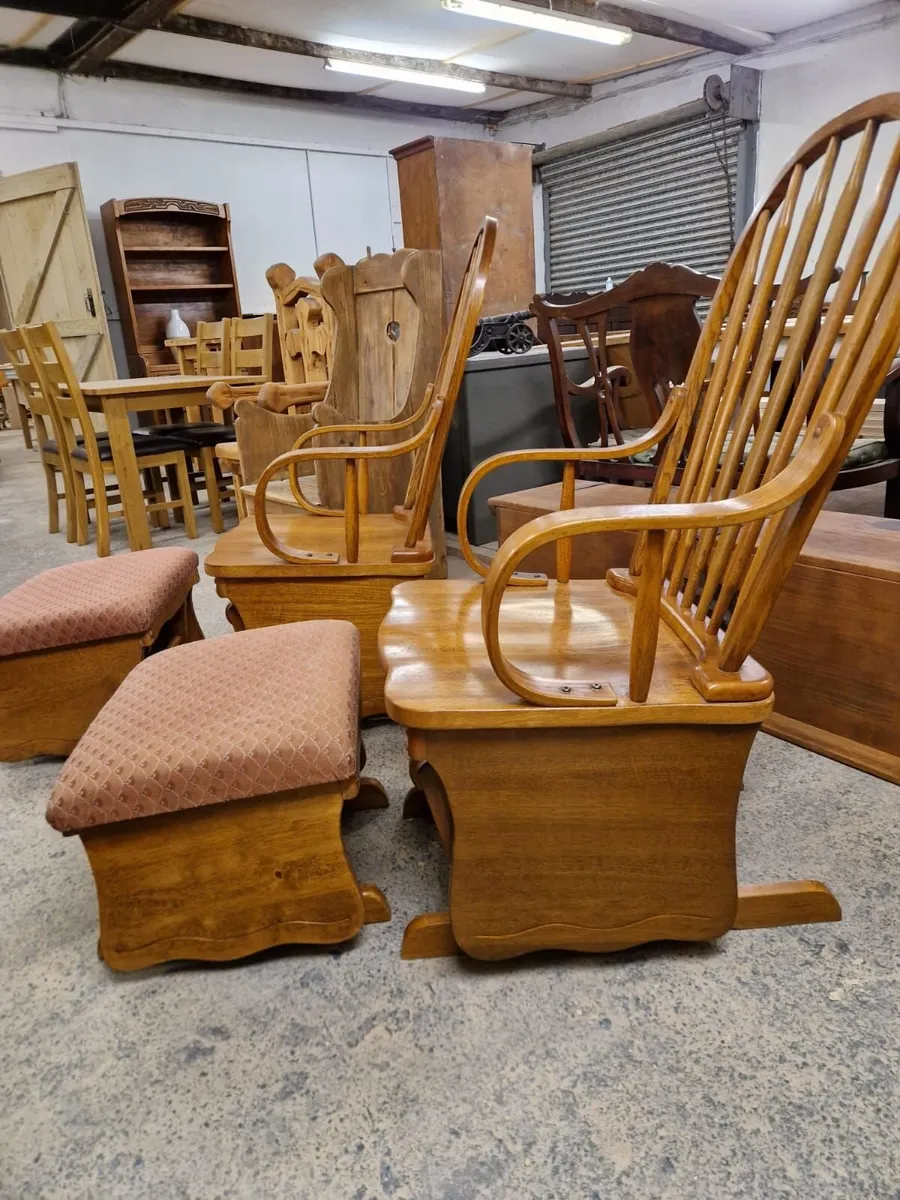 Pair vintage oak gliders, rocking chairs, stools - Image 3