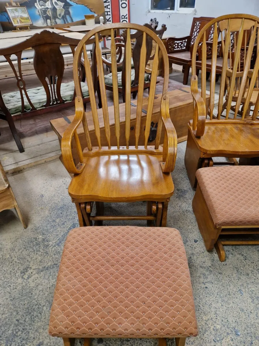 Pair vintage oak gliders, rocking chairs, stools - Image 4