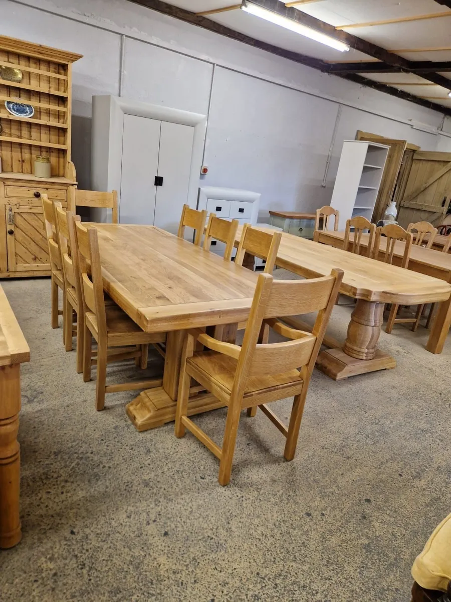 7ft, 8 inches oak trestle table, 8 oak chairs - Image 3