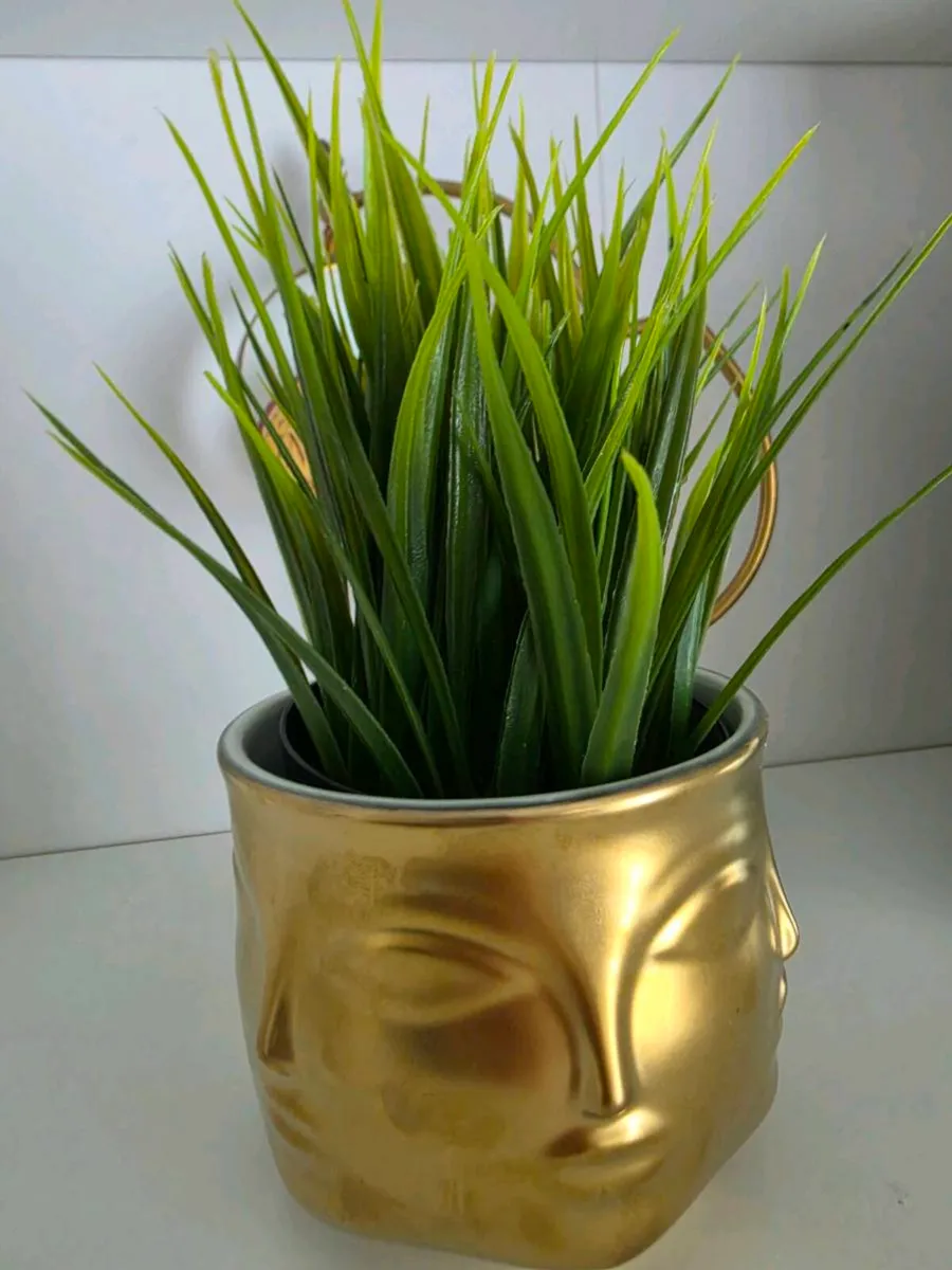 Jonathan Adler face gold Vase with plant - Image 1