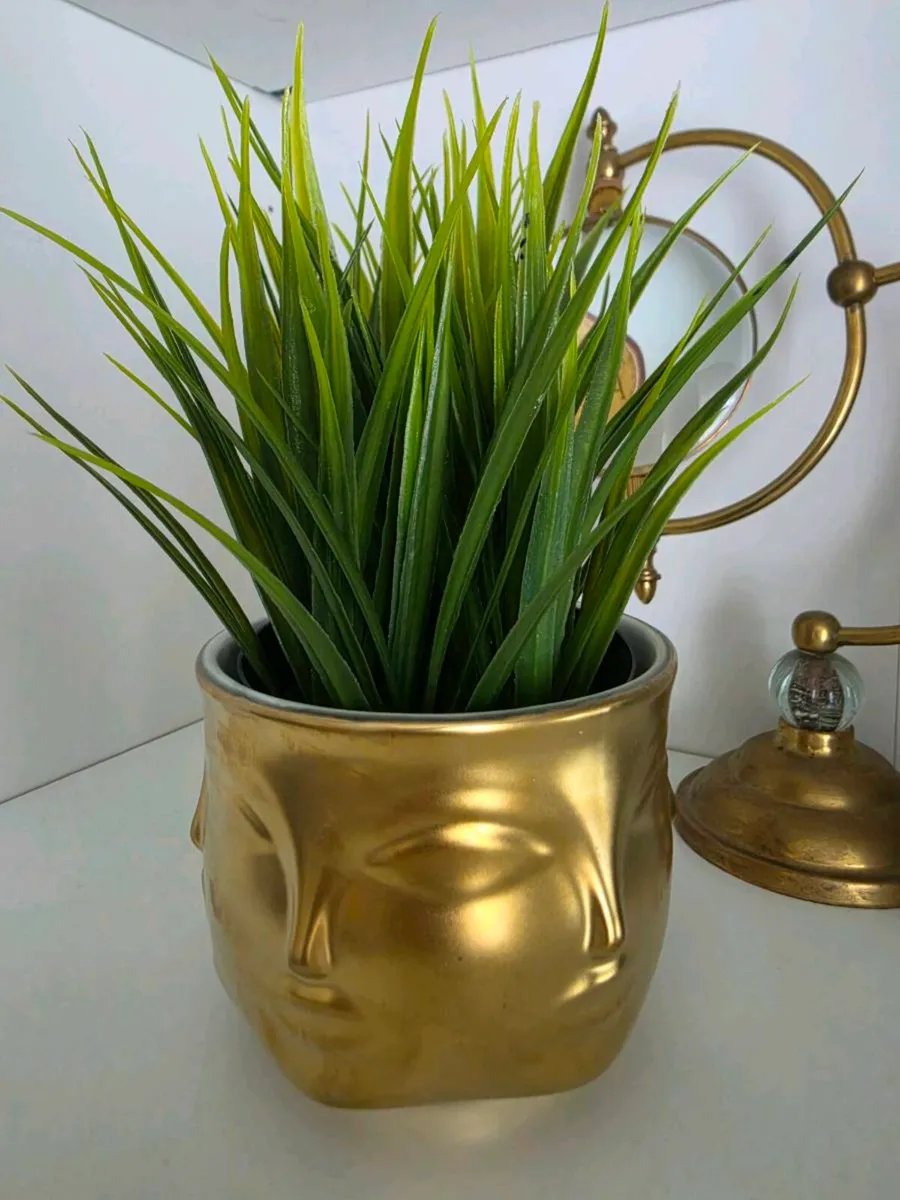 Jonathan Adler face gold Vase with plant - Image 2