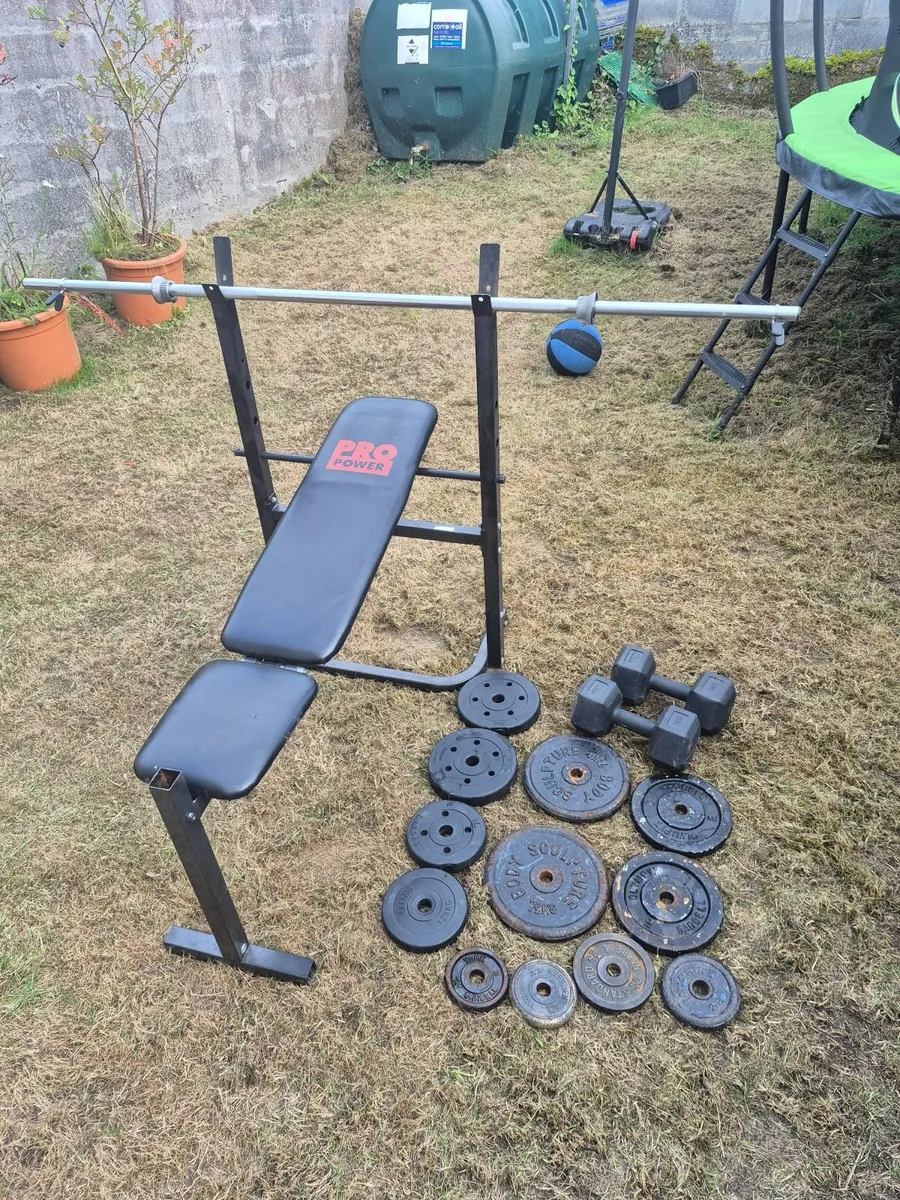 Bench & bar & dumbbells 2×5kg & weights plates 40k
