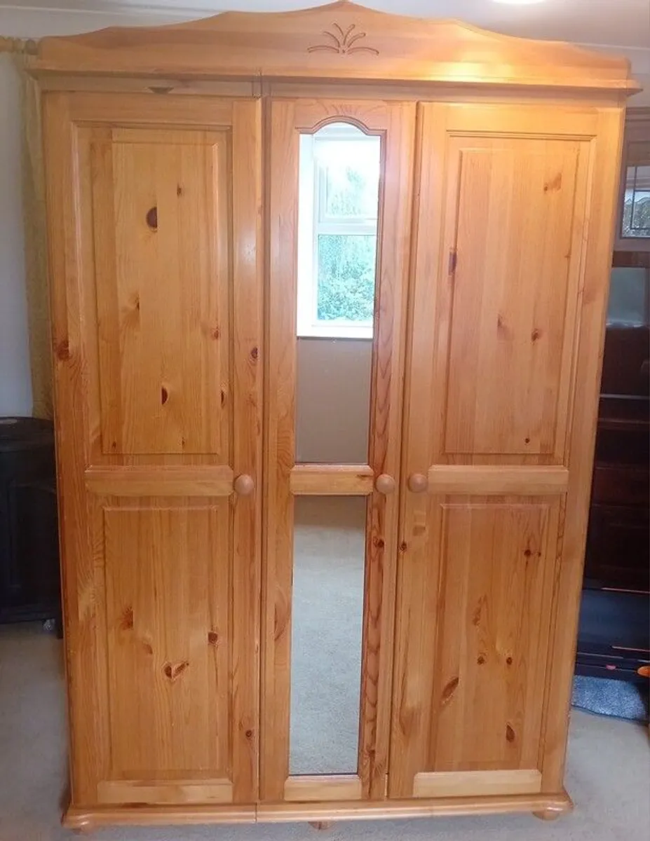 Large 3-Door Solid Pine Wardrobe with Mirror Excellent Condition - Image 1
