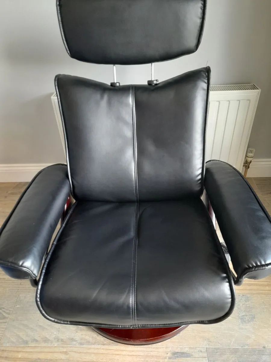 Black Leather Recliner Chair and Footstool - Image 1