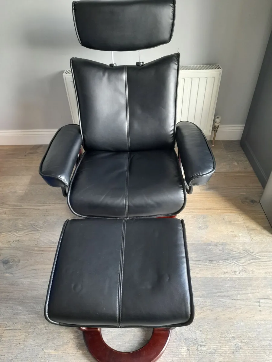Black Leather Recliner Chair and Footstool - Image 2