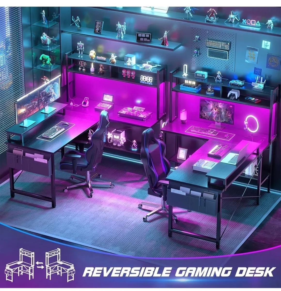 L Shaped Gaming Desk with Power Outlets & LED Ligh - Image 2