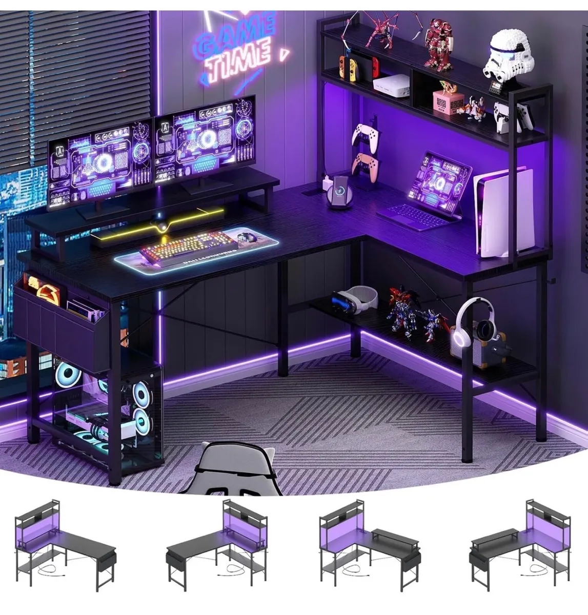 L Shaped Gaming Desk with Power Outlets & LED Ligh - Image 3