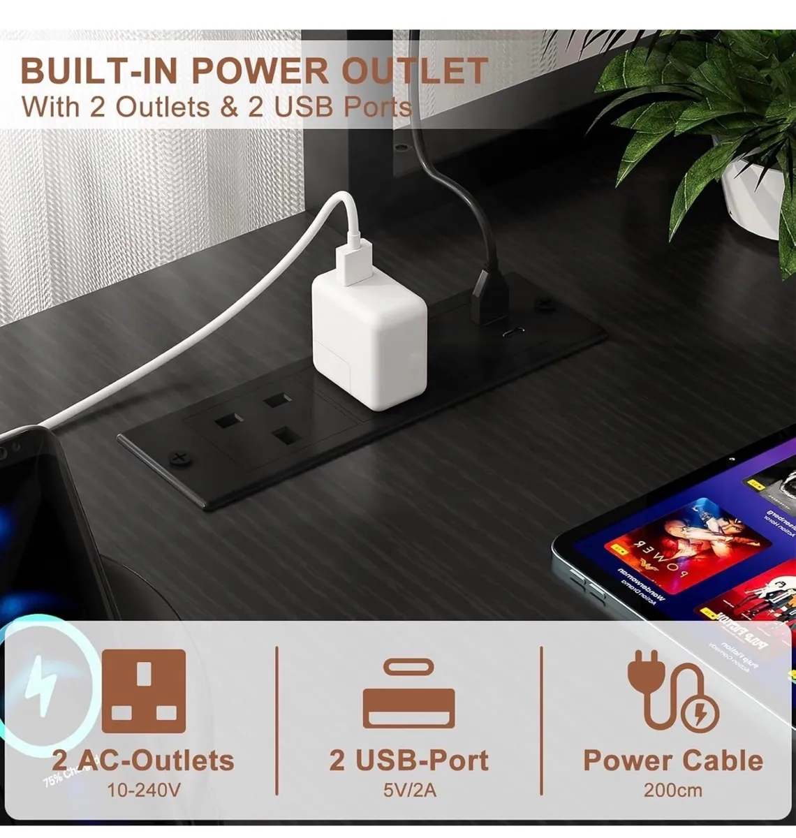 L Shaped Gaming Desk with Power Outlets & LED Ligh - Image 4