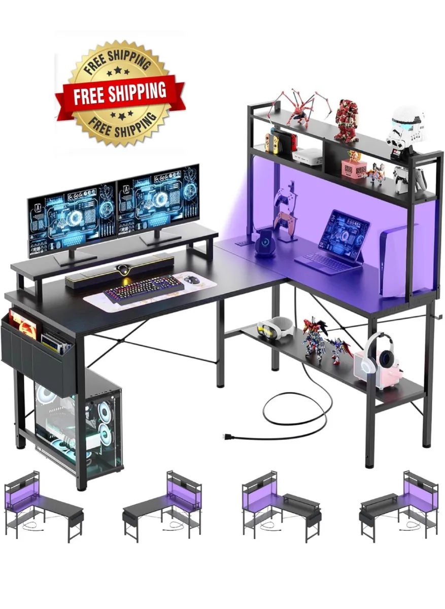 L Shaped Gaming Desk with Power Outlets & LED Ligh - Image 1