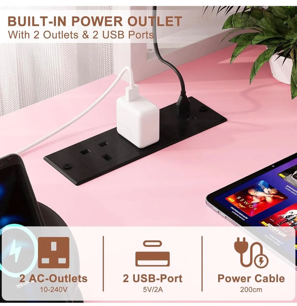 L Shaped Gaming Desk with Power Outlets & LED Ligh - Image 4