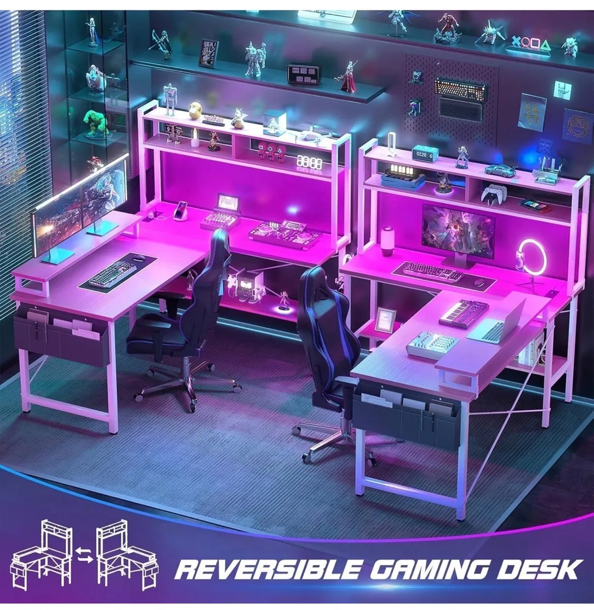 L Shaped Gaming Desk with Power Outlets & LED Ligh - Image 2