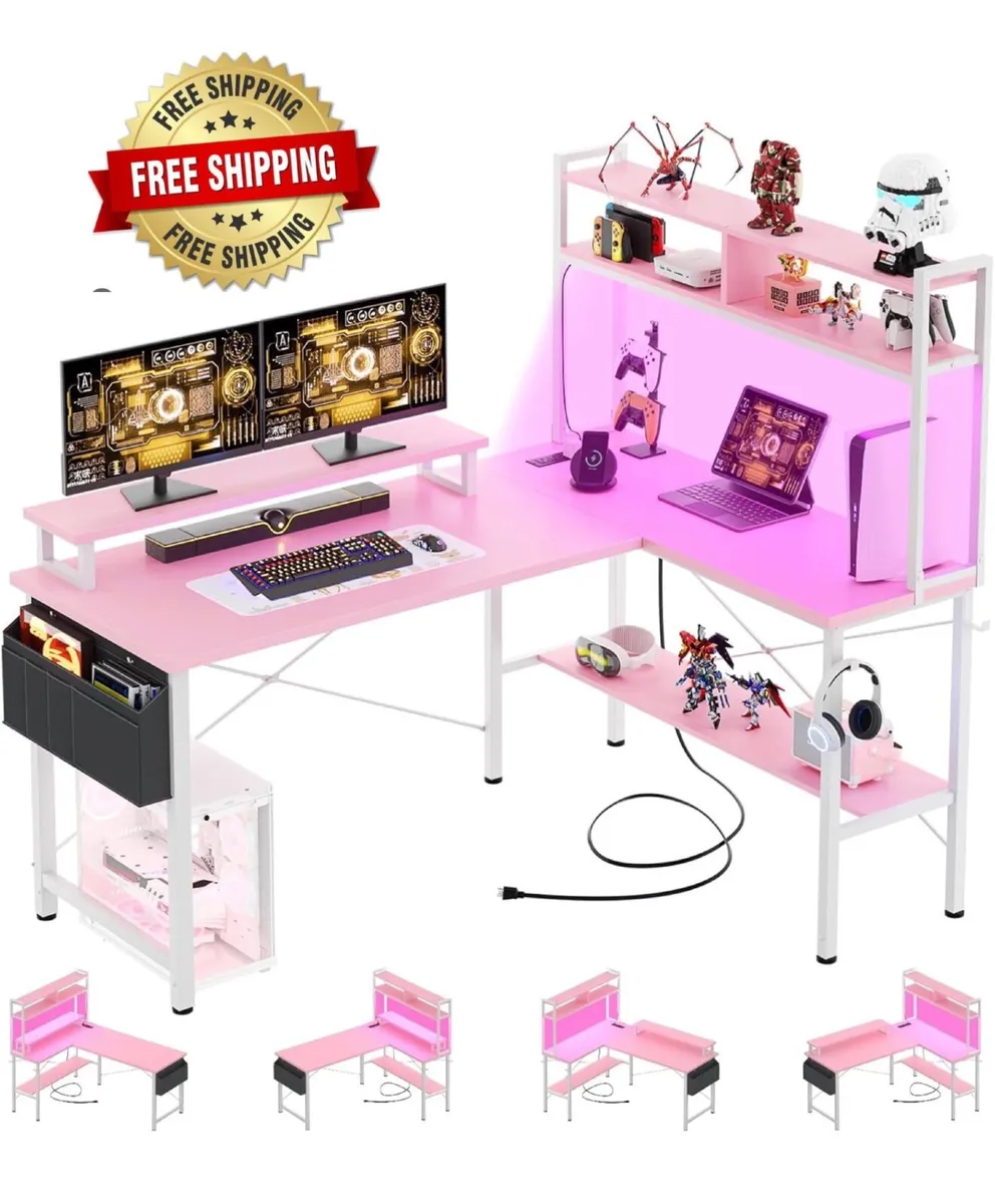 L Shaped Gaming Desk with Power Outlets & LED Ligh - Image 1