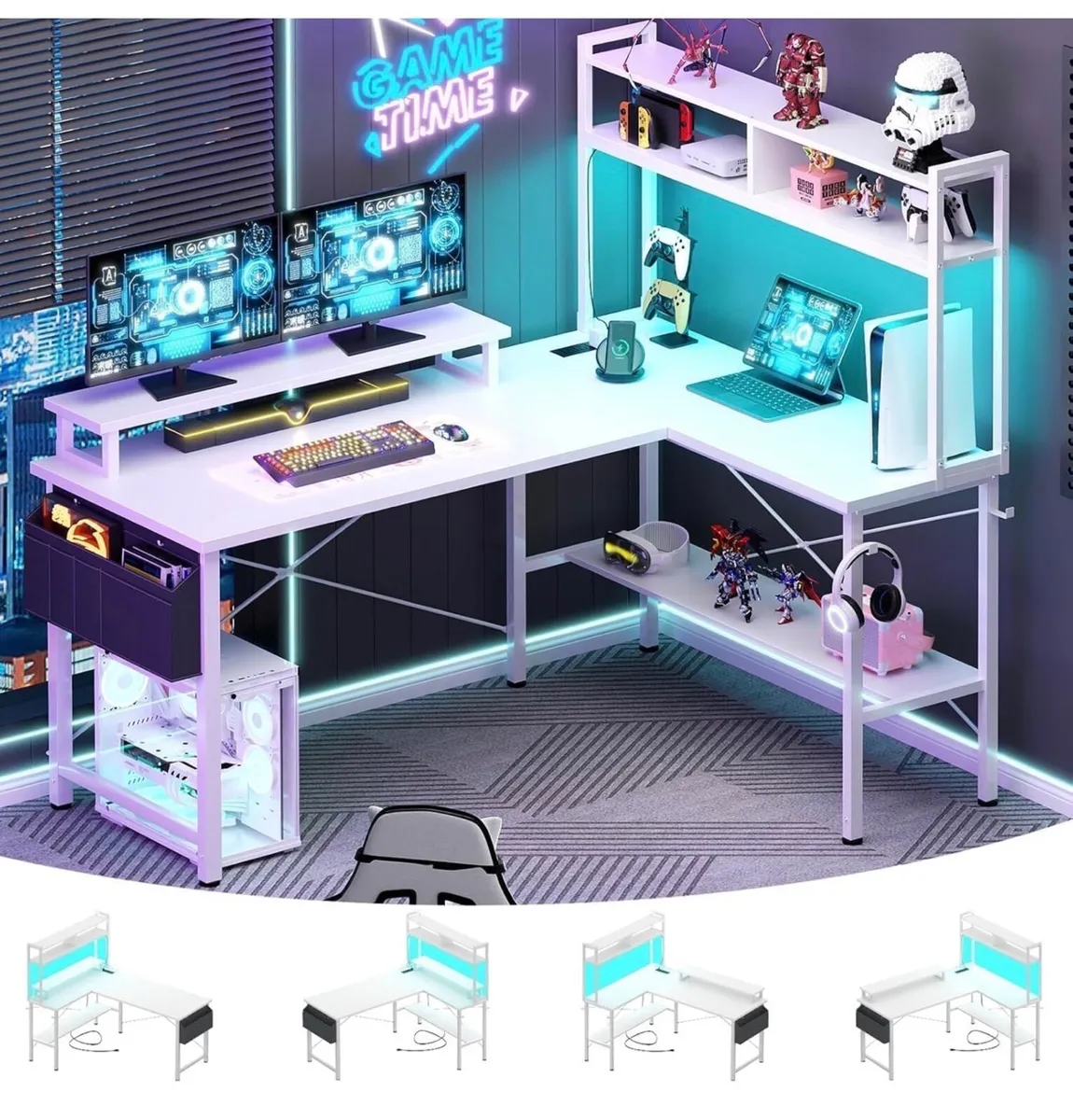 L Shaped Gaming Desk with Power Outlets & LED Ligh - Image 3