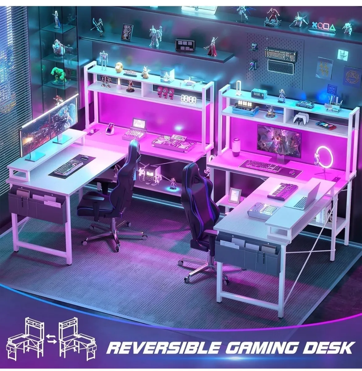 L Shaped Gaming Desk with Power Outlets & LED Ligh - Image 2