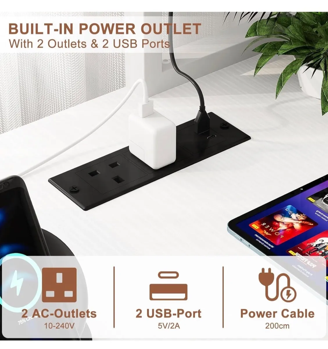 L Shaped Gaming Desk with Power Outlets & LED Ligh - Image 4