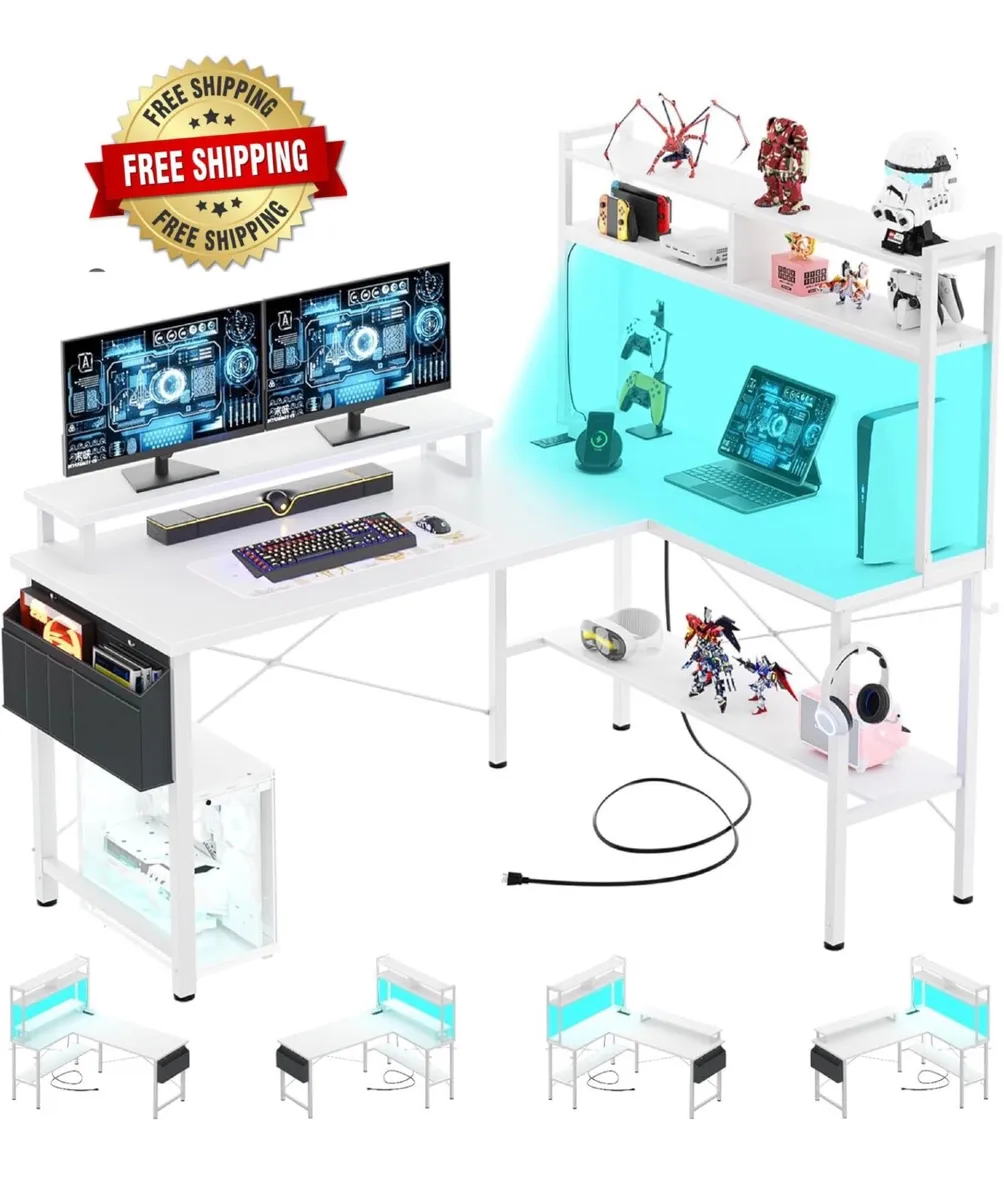 L Shaped Gaming Desk with Power Outlets & LED Ligh - Image 1