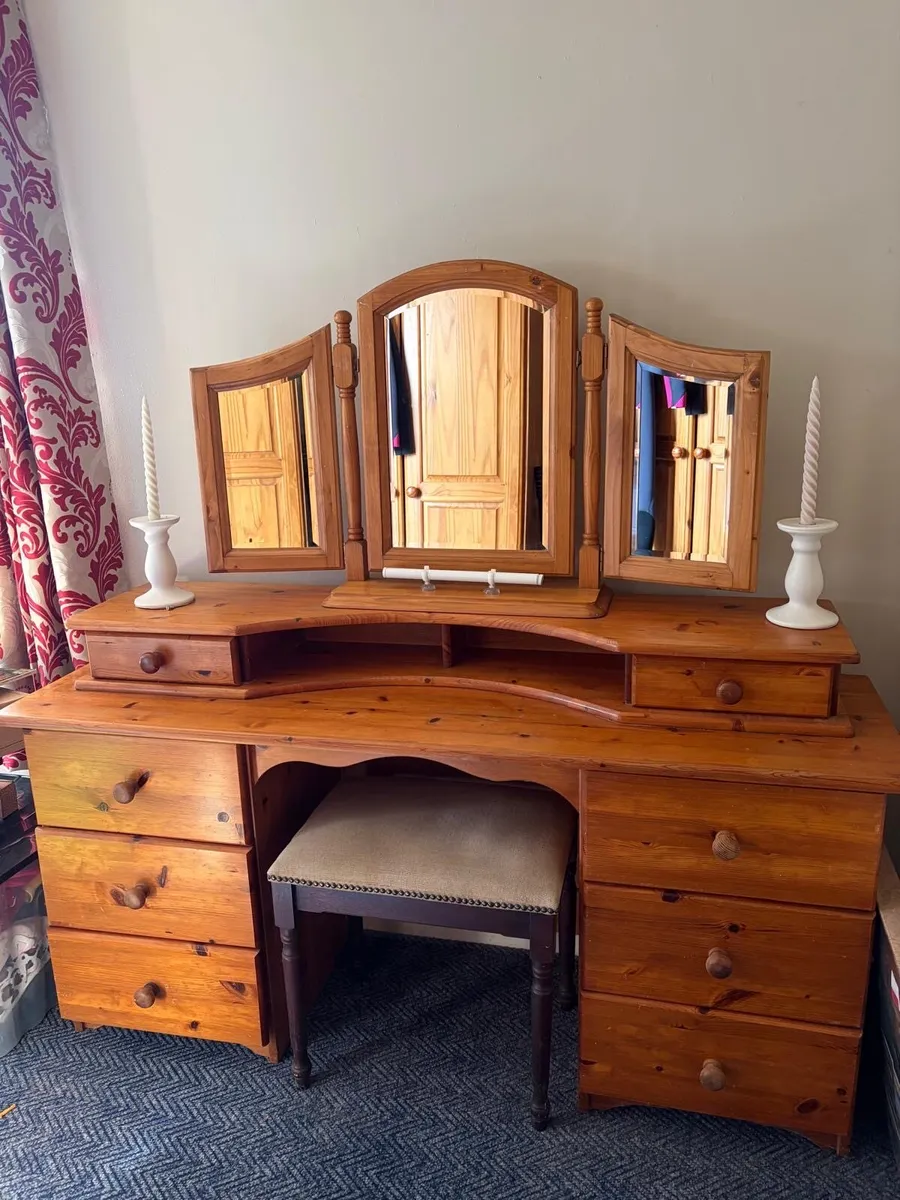 Pine dressing table with mirror & stool