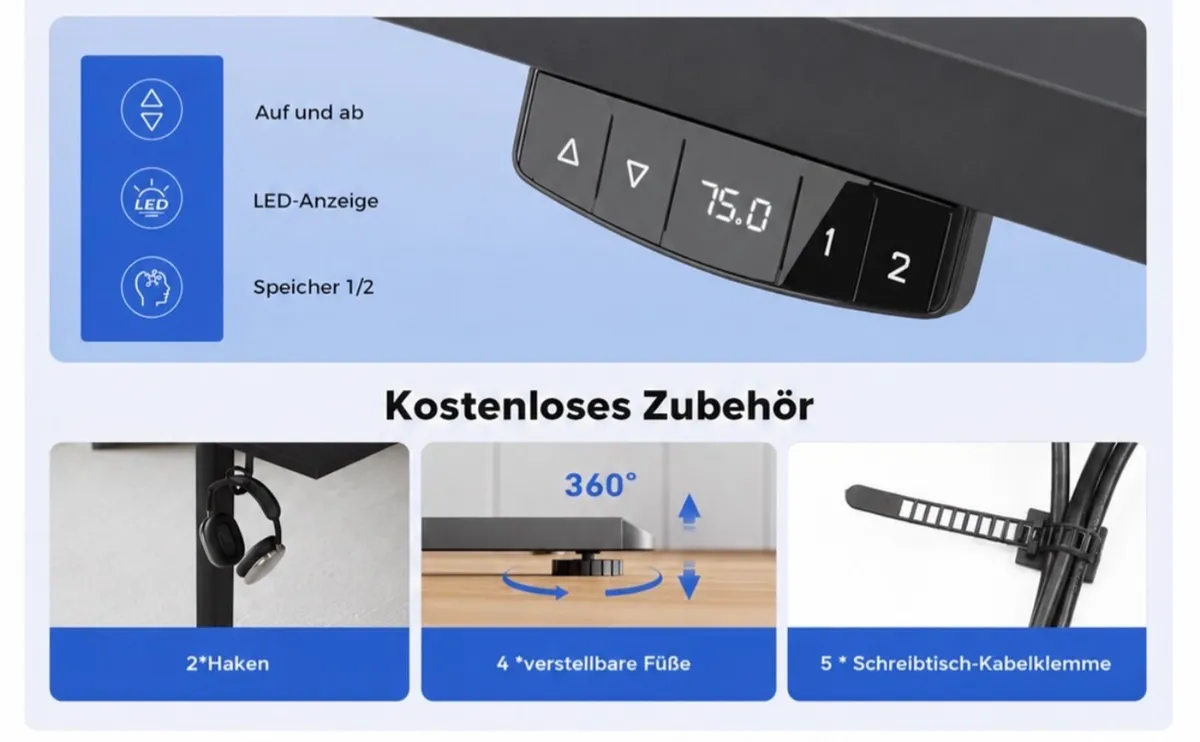Electric Standing Desk, 2 Memory Buttons, 120x60cm - Image 3